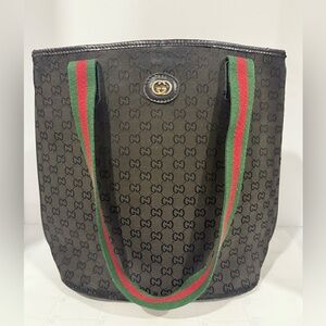 Gucci Black Tote with Signature Green and Red Straps